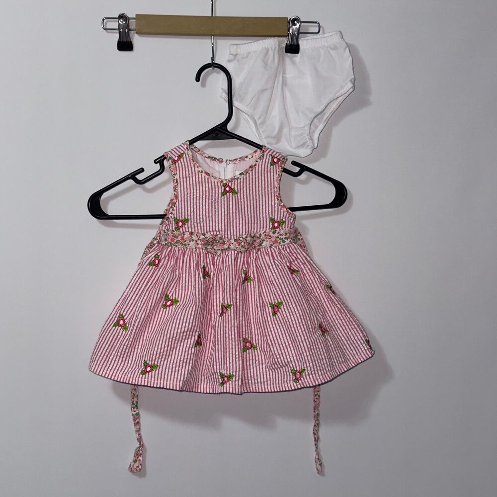 Rare Editions Pink Stripe Floral Embroidered Dress set girls size 3-6M